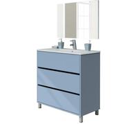Meuble de salle de bain avec 3 portes coloris bleu azul - Hauteur 88 x Longueur 81 x Profondeur 47 cm