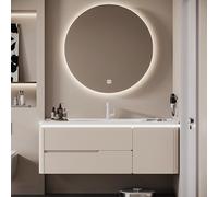 Meuble de salle de bain avec lavabo et miroir, armoire murale en bois massif, désembuage intelligent et éclairage LED, pré-assemblé,