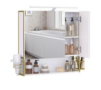 Meuble de salle de bain avec miroir LED et placard 3 portes - VASAGLE - Blanc et Doré Verdâtre