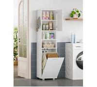Meuble de Salle de Bain avec Panier à Linge Amovible, Placard de Rangement Haut avec Panier à Linge, Étagères Réglables, Blanc