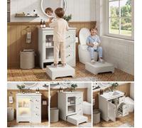 Meuble de salle de bain avec support de pied caché, lavabo en céramique lisse, éclairage LED, verre gaufré et poignées dorée(Blanc)