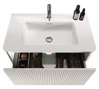 Meuble de salle de bain avec vasque - Suspendu - 81 × 46,5 × 37 cm - Aspect chêne rainuré - Vasque en résine minérale - Tiroirs à ouverture par simple pression - Pré-assemblé