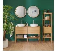 Meuble de Salle De Bain Chêne 120 cm + Colonne ATOLL + 2 Miroirs ronds 60 cm + 2 Vasques rondes 37 cm