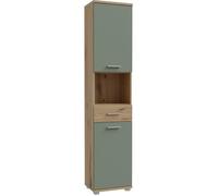 Meuble de salle de bain - Colonne - Décor Chêne et Vert sauge - 2 portes - L40 2 x P28 9 x H183 6 cm