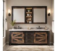 Meuble de salle de bain double rustique de 248 cm avec éviers sans couture et armoire miroir | Grand espace de rangement | Construction en bois massif | Design personnalisé de style grange