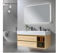 Meuble de salle de bain double vasque 120cm bois et blanc effet marbre avec miroir LED LB-8512 LuxuryBain-