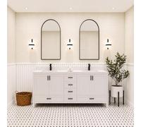 Meuble de salle de bain double vasque de 132,1 cm avec dessus en marbre - Miroir moderne anti-buée en bois massif élégant pour salle de bain élégante, parfait pour la rénovation de la maison et les