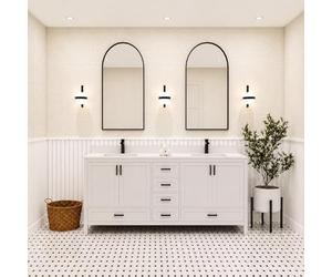 Meuble de salle de bain double vasque de 132,1 cm avec dessus en marbre - Miroir moderne anti-buée en bois massif élégant pour salle de bain élégante, parfait pour la rénovation de la maison et les