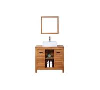 Meuble de salle de bain en bois d'acacia avec simple vasque et miroir - 90 cm - PULUKAN