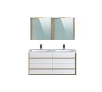 Meuble de salle de bain en melamine coloris chene / blanc - Longueur 122 x profondeur 46 x Hauteur 58 cm --