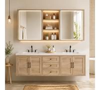 Meuble de salle de bain flottant à double évier de 132,1 cm - Unité murale moderne avec miroir anti-buée | Grand espace de rangement | Bois massif | Installation facile, aucun assemblage nécessaire