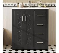 Meuble De Salle De Bain Indépendant Laqué Avec Lavabo Céramique Intégré, Meuble De Rangement Équipé De Trois Tiroirs Silencieux Et Portes À Fermeture Amortie, Grande Coiffeuse Spacieuse (Noir)
