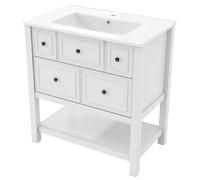 Meuble de salle de bain - Meuble sous-vasque autoportant - Lavabo en céramique - 5 tiroirs avec système de fermeture douce - Étagères latérales ouvertes - MDF blanc - 76 × 46,5 × 82 cm