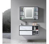 Meuble de salle de bain simple vasque 100cm blanc effet marbre avec miroir LED et colonne de rangement LB-6948 LuxuryBain-