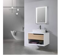 Meuble de salle de bain simple vasque 80cm bois et blanc avec miroir LED LB-8153-80 LuxuryBain-