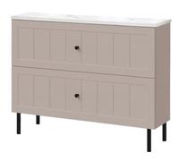 Meuble de Salle de Bain sous Vasque avec Plan, 2 Tiroirs à Fermeture Douce, Façade Cannelée MDF 19 mm, Cachemire + Plan Marbre Bianco, Poignées Noires, Pieds Noirs, 80 x 46 x 73,6 cm