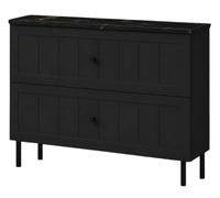 Meuble de Salle de Bain sous Vasque avec Plan, 2 Tiroirs à Fermeture Douce, Façade Cannelée MDF 19 mm, Noir + Plan Marbre Black Royal, Poignées Noires, Pieds Noirs, 80 x 46 x 73,6 cm