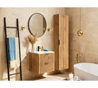 Meuble de salle de bain strié avec vasque à encastrer et colonne - Coloris naturel clair - 60 cm - ZEVARA