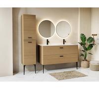 Meuble de salle de bain strié sur pieds avec vasque à encastrer et colonne - 2 tiroirs - Naturel clair - 120 cm - SARONE