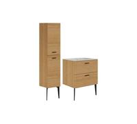 Meuble de salle de bain strié sur pieds avec vasque à encastrer et colonne - 2 tiroirs - Naturel clair - 60 cm - SARONE