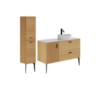 Meuble de salle de bain strié sur pieds avec vasque à poser et colonne - 1 porte et 2 tiroirs - Naturel clair - 120 cm - SARONE