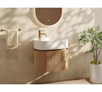 Meuble de salle de bain strié suspendu en bois de frêne avec vasque en résine blanc mat et robinet - Naturel clair - 60 x 51 x 37 cm - PROTEA
