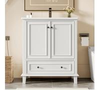 Meuble de salle de bain sur pied avec vasque intégrée, Deux Portes de Meuble et un tiroir, armoire salle de bain, blanc colonne