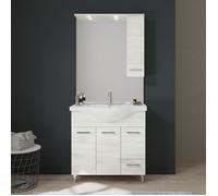 Kiamami Valentina - Mueble de baño de 85 cm en Roble Blanco Con puertas, cajón, Espejo y armario colgante de la Serie Rimini.