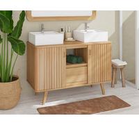 Meuble de salle de bain sur pieds en teck avec double vasque à poser carrée en céramique - 120 cm - WAMENA