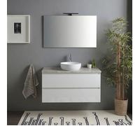 Meuble de salle de bain suspendu 100 cm blanc brillant avec plateau effet béton et miroir Benaco