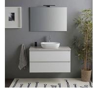 Meuble de salle de bain suspendu 80 cm blanc brillant avec plateau effet béton moderne | Benaco