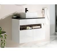 Meuble de salle de bain suspendu à LEDs avec vasque à poser - Blanc et noir effet marbre - L80 cm - POZEGA