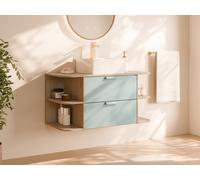 Meuble de salle de bain suspendu avec niches et vasque à poser carrée ? Vert amande et naturel clair ? L100 cm ? AVORELI