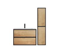 Meuble de salle de bain suspendu avec vasque à encastrer et colonne - Coloris naturel clair et noir - 80 cm - LANNICK