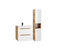 Meuble de salle de bain suspendu avec vasque à encastrer et colonne - Coloris naturel et blanc - 60 cm - ARUBA