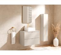 Meuble de salle de bain suspendu avec vasque à poser carrée et colonne - Beige - 80 cm - ONDIL