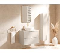 Meuble de salle de bain suspendu avec vasque à poser ronde et colonne - Beige - 80 cm - ONDIL