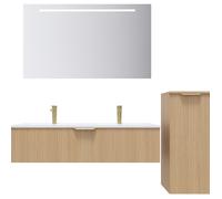 Meuble de salle de bain suspendu double vasque intégrée 120cm 1 tiroir Chêne cannelé + miroir +colonne ouverture droite - Venice
