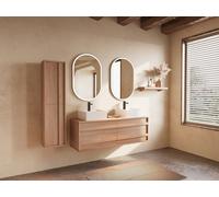 Meuble de salle de bain suspendu en chêne massif avec double vasque à poser carrée et colonne - Naturel clair - 150 cm - SARLO