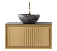 Meuble de salle de bain - Suspendu - Largeur : 61 cm - Panneau de particules plaqué chêne avec tiroir - Plan vasque en pierre reconstituée noire - Lavabo sur socle en céramique noire imitation marbre