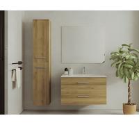 Meuble de salle de bain suspendu simple vasque avec colonne de rangement - Coloris naturel clair - 80 cm - KAYLA