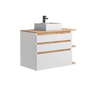 Meuble de salle de bain suspendu simple vasque - Coloris naturel clair et blanc - 94 cm - ANIDA