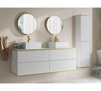 Meuble de salle de bain suspendu strié avec double vasque à poser carrée et colonne - Blanc - 150 cm - KELIZA