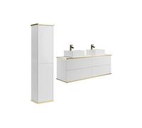 Meuble de salle de bain suspendu strié avec double vasque à poser carrée et colonne - Blanc - 150 cm - KELIZA
