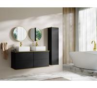 Meuble de salle de bain suspendu strié avec double vasque à poser carrée et colonne - Noir - 120 cm - KELIZA