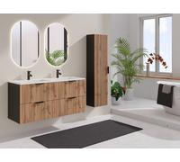 Meuble de salle de bain suspendu strié avec vasque à encastrer avec colonne - Naturel clair et noir - 120 cm - MADELA
