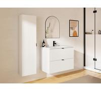 Meuble de salle de bain suspendu strié avec vasque à encastrer et colonne - Blanc mat - 80 cm - ZEVINI