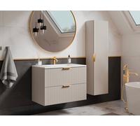 Meuble de salle de bain suspendu strié avec vasque à encastrer et colonne - Coloris beige - 80 cm - ZEVARA