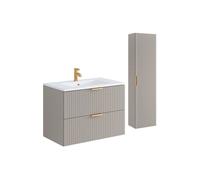 Meuble de salle de bain suspendu strié avec vasque à encastrer et colonne - Coloris beige - 80 cm - ZEVARA