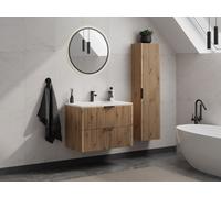Meuble de salle de bain suspendu strié avec vasque à encastrer et colonne - Coloris naturel clair - 80 cm - ZEVARA